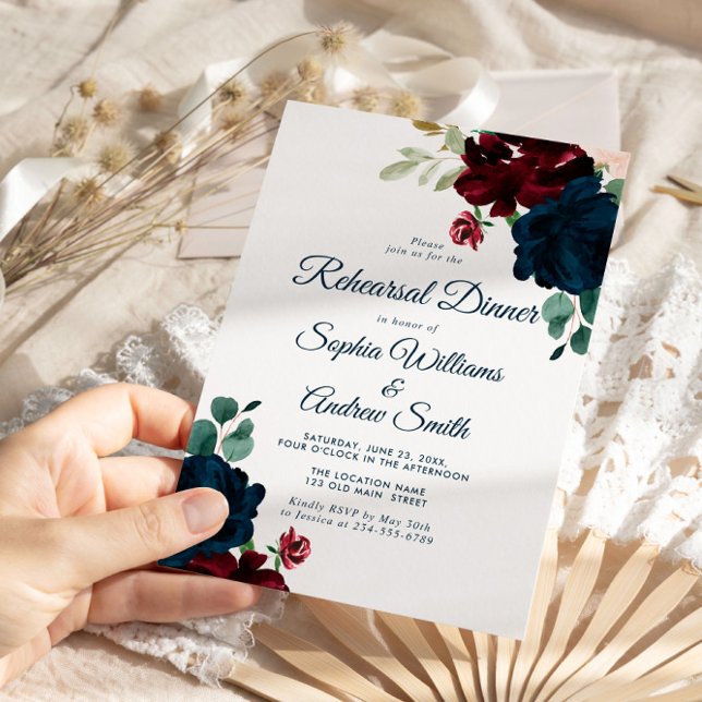 Burgundy & Navy Flowers Rustic Wood Wedding Invitation (Creator Uploaded)