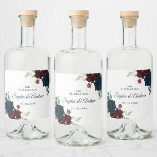 Burgundy & Navy Flowers Rustic Wood Wedding Liquor Bottle Label