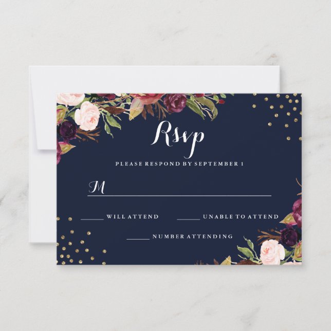 Burgundy Navy Gold Confetti Floral Wedding RSVP (Front)