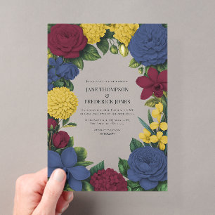 Burgundy, Navy & Gold Floral Wedding Acrylic Invitations