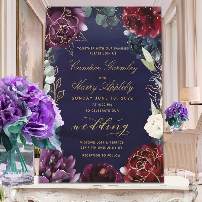 Burgundy Navy Gold Garden Wedding Invitation (Creator Uploaded)