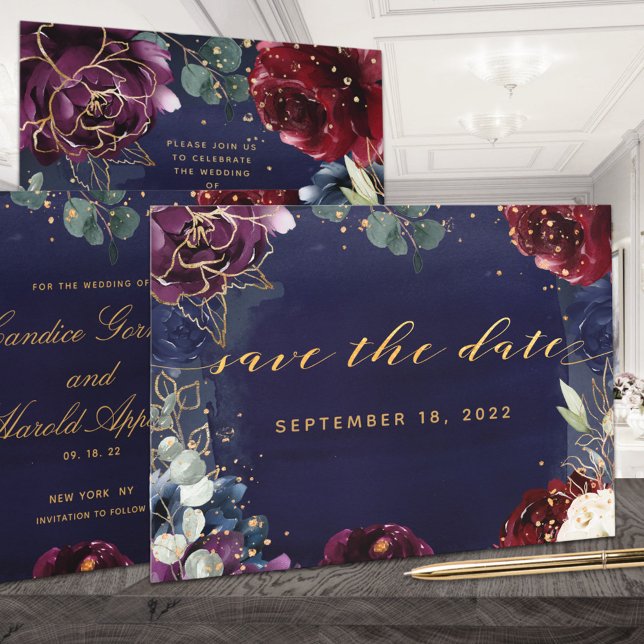 Burgundy Navy Gold Garden Wedding Save The Date (Creator Uploaded)