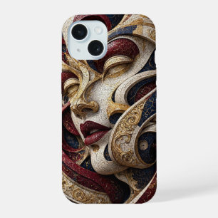 Burgundy Navy Ivory Gold Mosaic Face iPhone 15 Case
