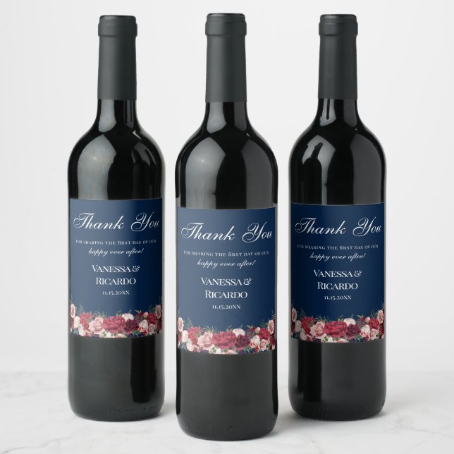 Burgundy Navy Mariage bleu Merci Étiquette à vin (Bouteilles)