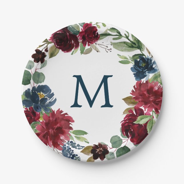 Burgundy Navy Monogram Paper Plates (Front)