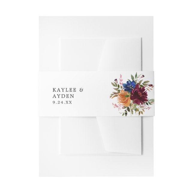 Burgundy & Navy Orange Fall Floral Invitation Belly Band (Front Example)