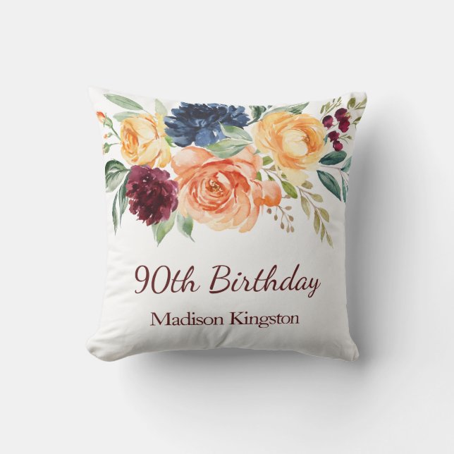 Burgundy Navy Peach Floral 90th Birthday Party Throw Pillow (Front)