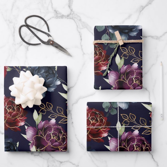 Burgundy Navy Peony Floral Gold Shimmer Wrapping Paper Sheet (Front)