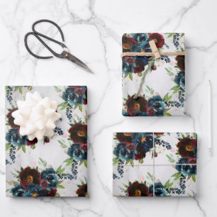 Burgundy Navy Peony & Roses Bouquet Wrapping Paper Sheet