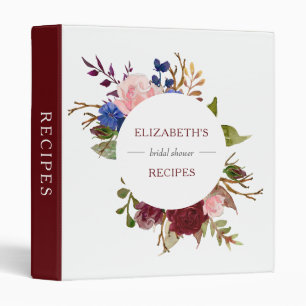 Burgundy Navy Pink Floral Bridal Shower Recipes Binder