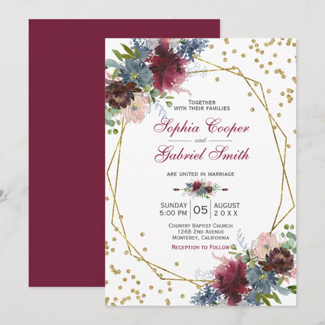 Burgundy Navy Pink Floral | Gold Frame Wedding Invitation (Front/Back)