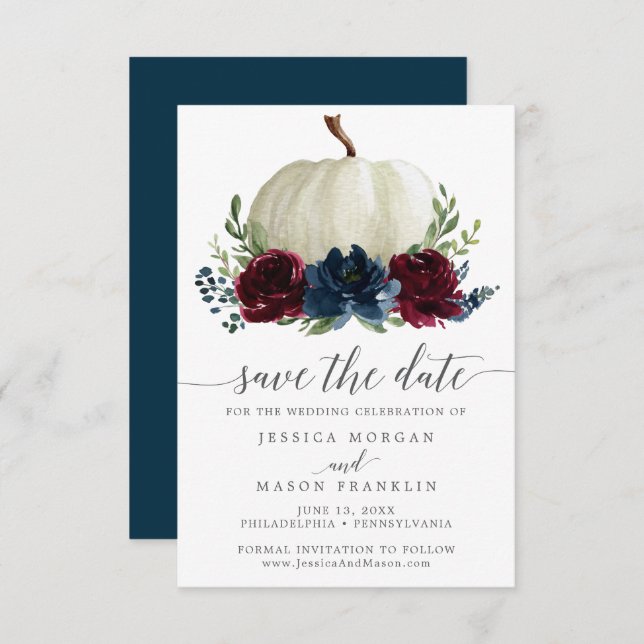 Burgundy Navy Pumpkin Save the Date Invitation (Front/Back)