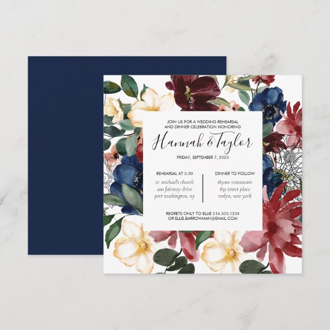 Burgundy Navy Rehearsal Dinner Invitation (Front/Back)