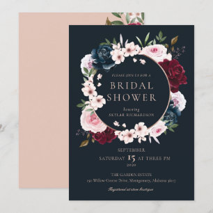Burgundy Navy Rose Watercolor Wreath Bridal Shower Invitation