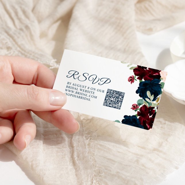 Burgundy & Navy Rustic Bridal Shower QR RSVP Enclosure Card (Creator Uploaded)