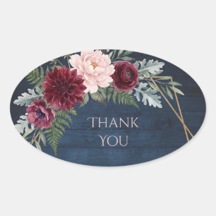 Burgundy Navy Rustic Floral Wedding Thank You Oval Sticker