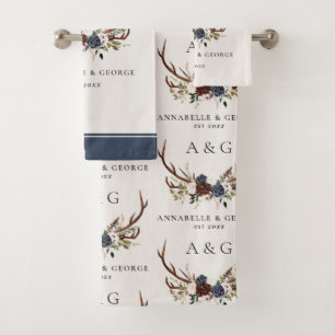 burgundy navy stag watercolor floral elegant bath  towel set