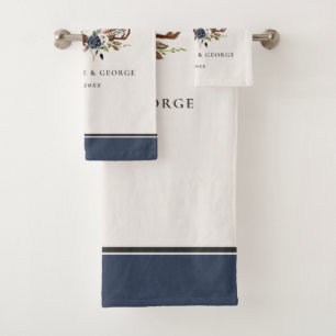 burgundy navy stag watercolor floral elegant bath  towel set