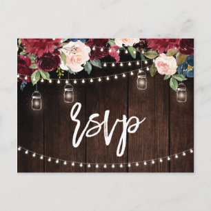 Burgundy Navy String Light mason jar RSVP Postcard