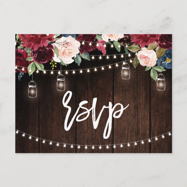 Burgundy Navy String Light mason jar RSVP Postcard (Front)