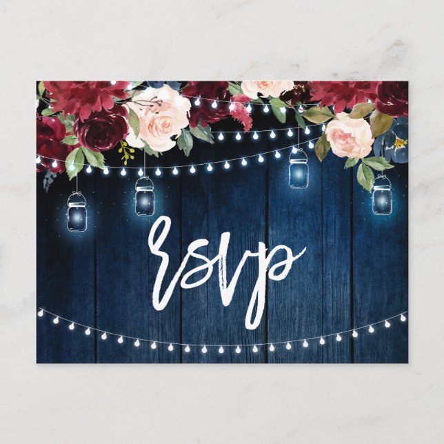 Burgundy Navy String Light mason jar RSVP Postcard (Front)