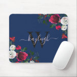 Burgundy Navy Watercolor Floral Name Monogrammed M Mouse Pad<br><div class="desc">Burgundy navy watercolor botanical peony rose floral personalized monogrammed Mouse Pad. Burgundy, marsala, white watercolor peony roses, botanical floral design with dark green leaves and berries on dark navy blue background. Feature an elegant swirly handwritten typography design with your custom name, monogram and pretty burgundy, white peony roses arrangement. Perfect...</div>