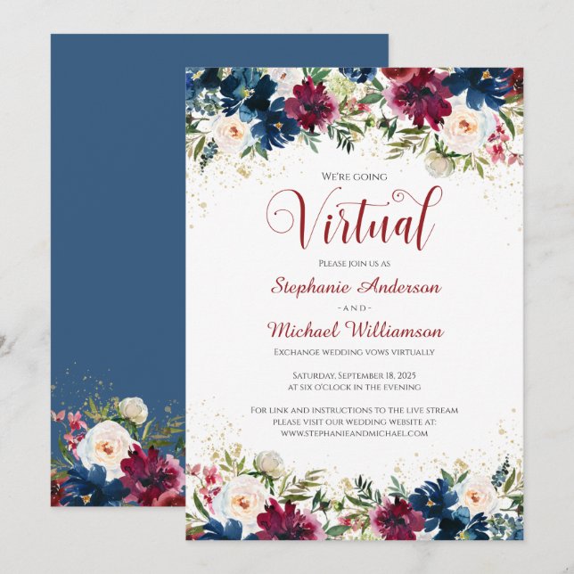Burgundy Navy Watercolor Floral Virtual Wedding Invitation (Front/Back)