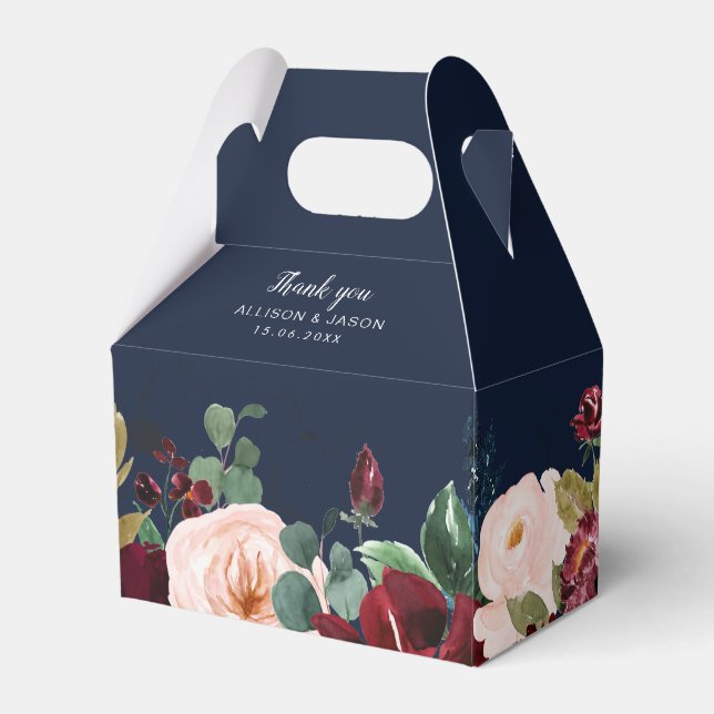 burgundy navy watercolor floral wedding favour box (Front Side)