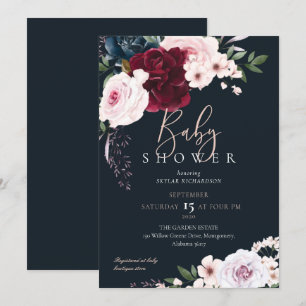Burgundy & Navy Watercolor Florals Baby Shower Invitation