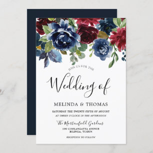 Burgundy & Navy Watercolor Flowers Fall Wedding Invitation