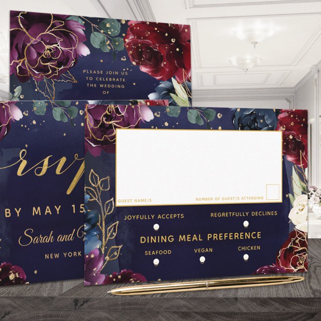 Burgundy Navy Wedding 3 Meal Choice RSVP (Creator Uploaded)