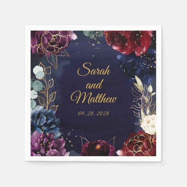 Burgundy Navy Wedding 5" Square Cocktail Napkins (Front)