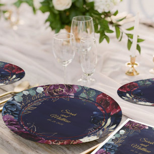 Burgundy Navy Wedding 9 Inch Dinner Paper Plate