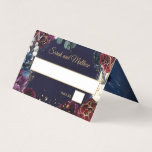 Burgundy Navy Wedding Guest Seating Card<br><div class="desc">INSTRUCTIONS for Guest Seating cards: If you’re seating guests at traditional tables, purchase these cards as is, and hand write your guests' names and table number. If you're having alternate seating, edit the text to suit your requirements. An assembly of deep burgundy red and purple flowers adorned with shimmering gold...</div>