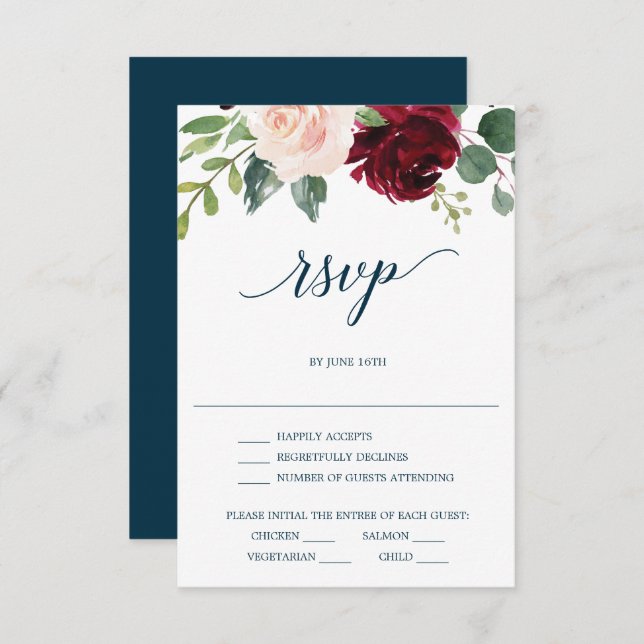 Burgundy Navy Wedding RSVP Card (Front/Back)