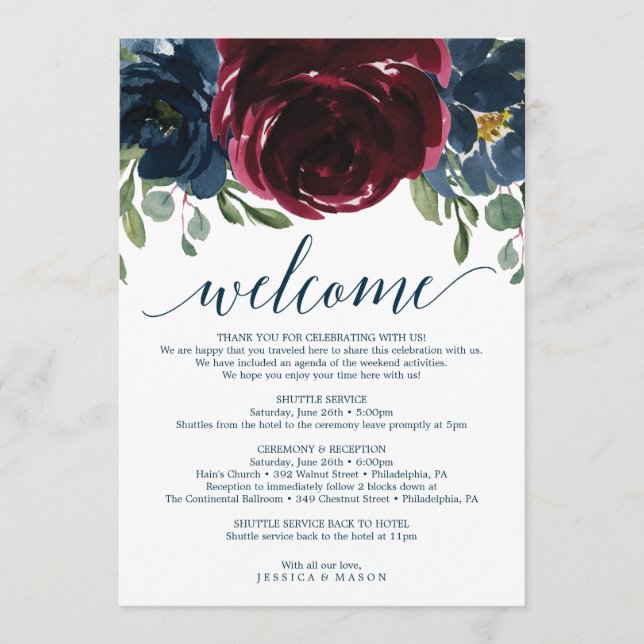 Burgundy Navy Wedding Welcome Itinerary Letter Program (Front)