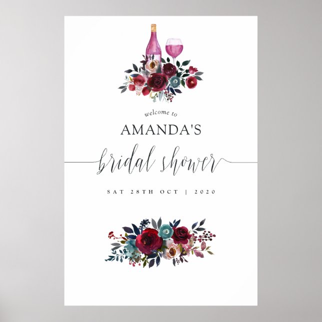 Burgundy & Navy Wine Tasting Bridal Shower Welcome Poster (Front)