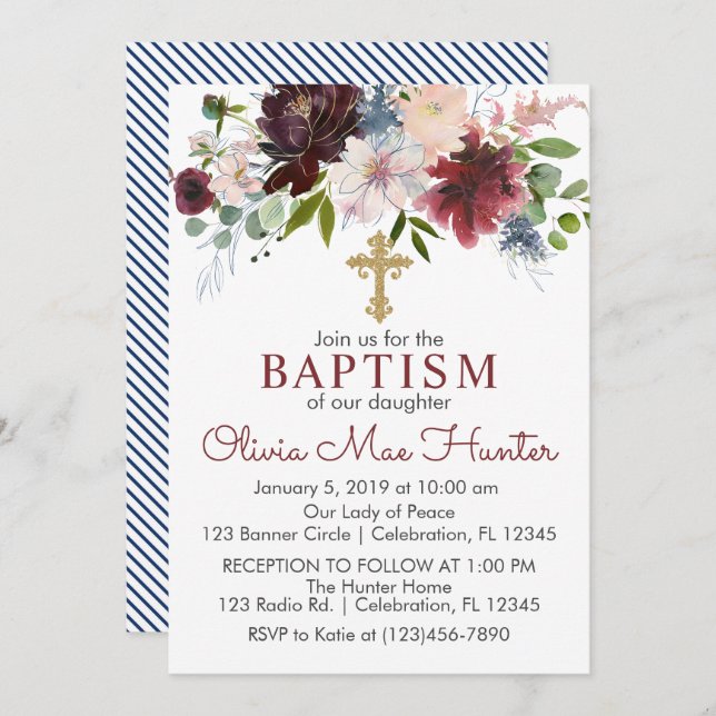 Burgundy & Navy Winter Florals Baptism Invitation (Front/Back)