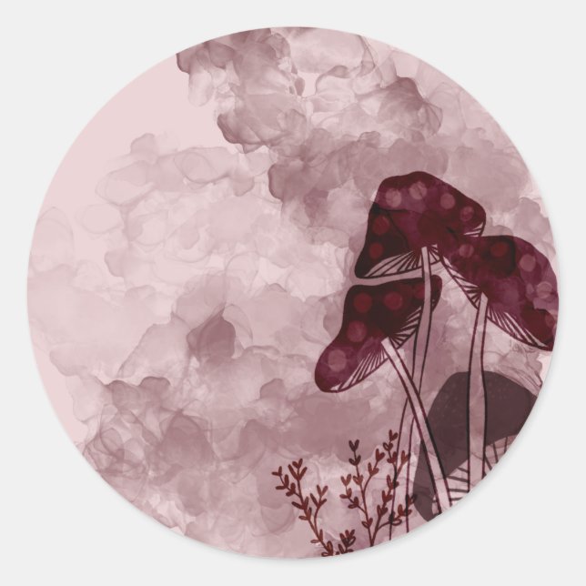 Burgundy Neon Mushrooms Classic Round Sticker (Front)