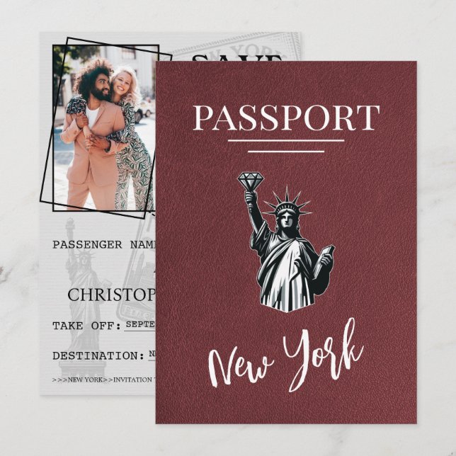 Burgundy New York City Passport Save The Date (Front/Back)