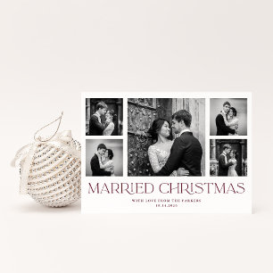 Burgundy Newlywed Christmas Wedding Photo Grid Holiday Card