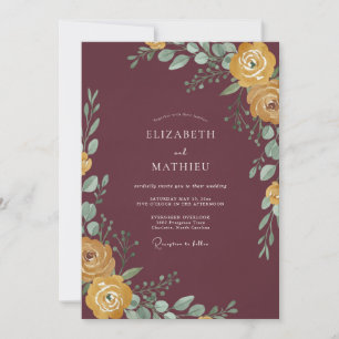 Burgundy Ochre Foliage Eucalyptus Wedding Invitation