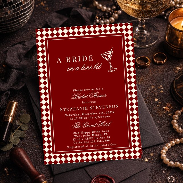 Burgundy Old Money Checkered Martini Bridal Shower Invitation (Creator Uploaded)