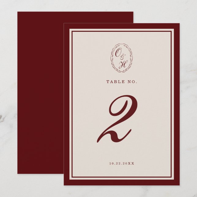 Burgundy Old Money Wedding Table Number (Front/Back)