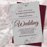 Burgundy on Gray with Lacy Silver Frills Wedding Invitation<br><div class="desc">This simple yet elegant wedding invitation features burgundy script lettering on a gray burgundy background. The design is understated, but the corners feature an ornate silver faux foil floral filigree with curls and frills. The text is formal and traditional but the chic design makes this invitation appropriate for any wedding....</div>