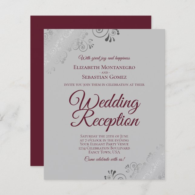 Burgundy on Grey BUDGET Wedding Reception Invite (Front/Back)