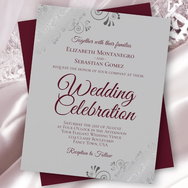 Burgundy on Grey Frilly BUDGET Wedding Invitation (Creator Uploaded)