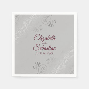 Burgundy on Grey Silver Frills Elegant Wedding Napkin