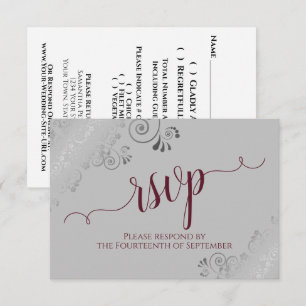 Burgundy on Grey Silver Lace Calligraphy Wedding RSVP Card