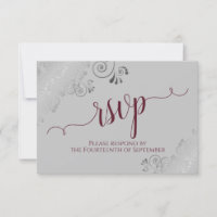 Burgundy on Grey Silver Lace Calligraphy Wedding